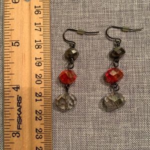 Earrings Dangle Beads Red Silver Clear Hook